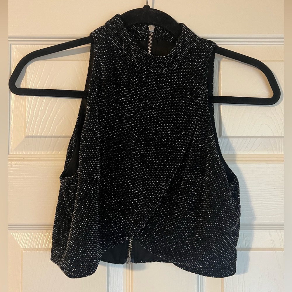 Sparkly Black Zip Up Crop Top
